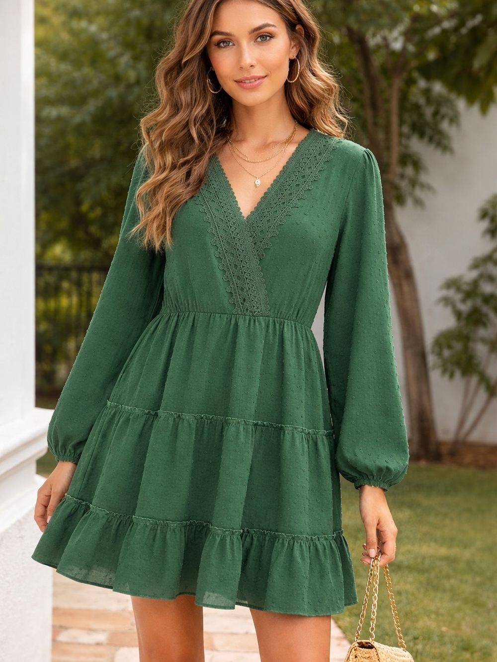 Long-Sleeve Forest Green V-Neck Tiered Mini Dress